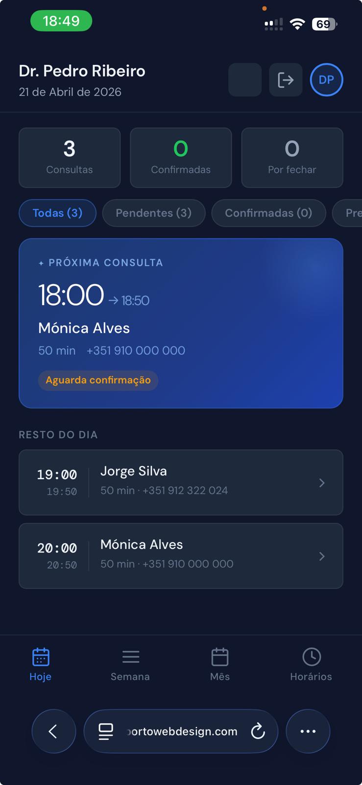 Painel do profissional no telemóvel